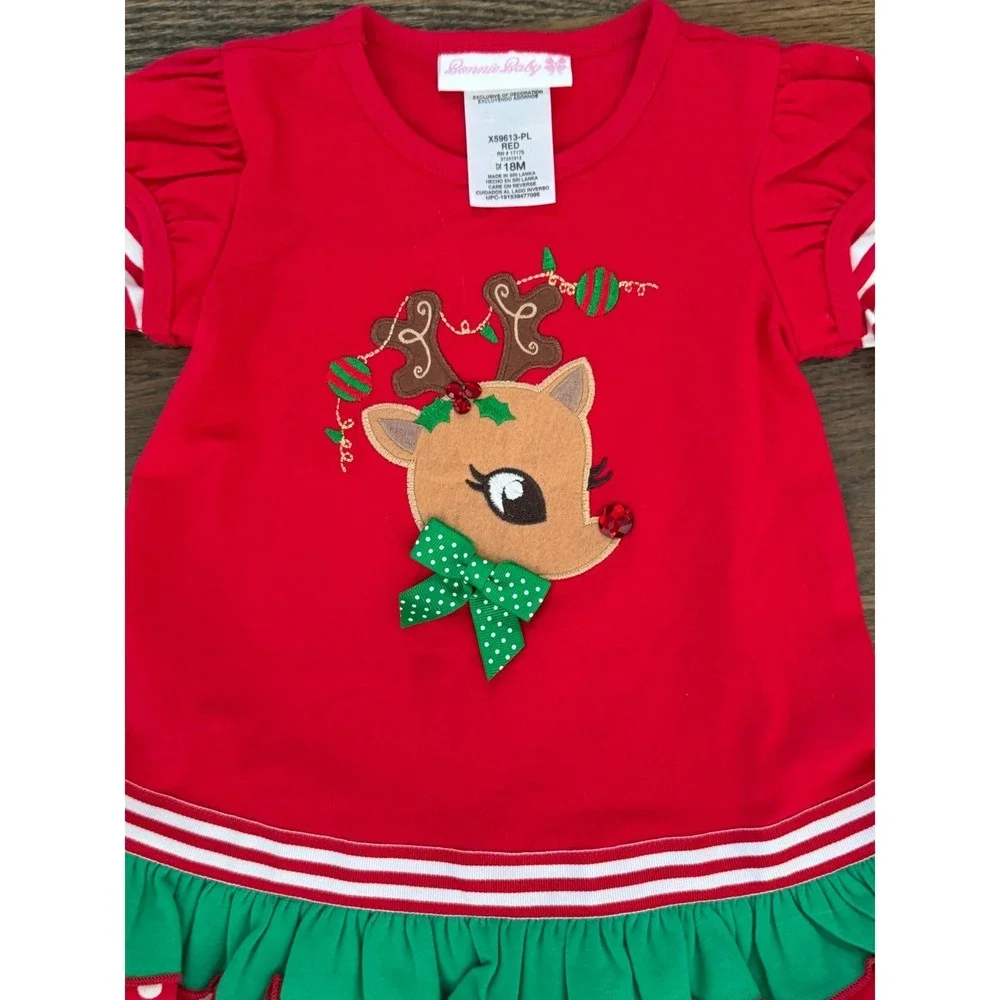 Bonnie Baby Christmas‎ Reindeer Dress Red Striped Ruffle Holiday 18M X59613-PL